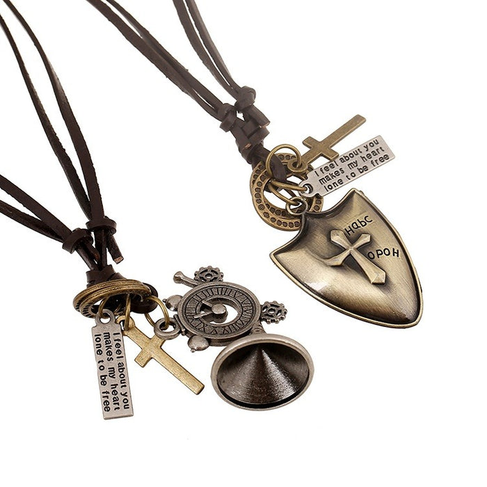 Fashion Rock Men's Cowhide Leather Necklace With Alloy Shield And Horn Pendant Accessory