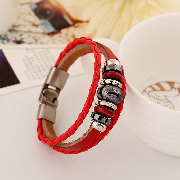 European American Punk Multi Element Ceramic Bead Genuine Leather Cowhide Bracelet