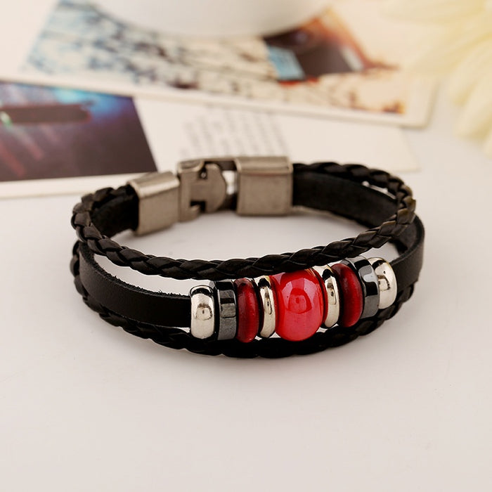 European American Punk Multi Element Ceramic Bead Genuine Leather Cowhide Bracelet