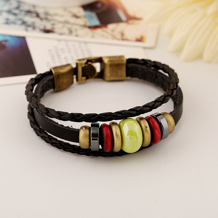 European American Punk Cowhide Leather Bracelet With Porcelain Beads Multi Element Genuine Leather Wristband