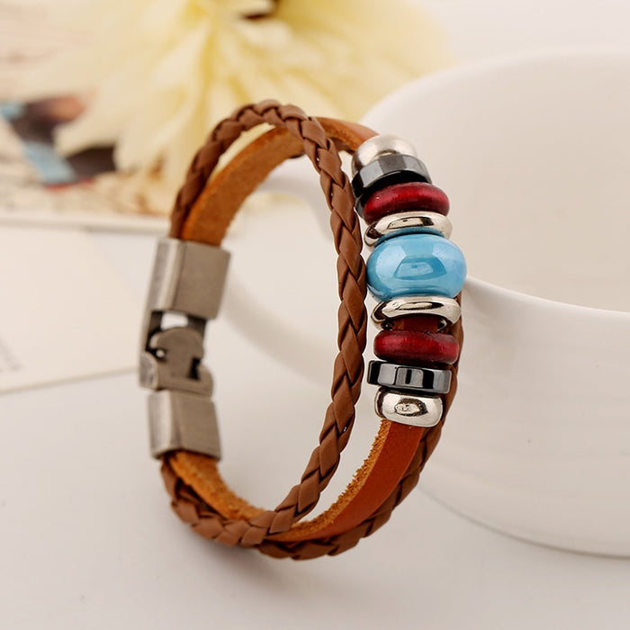 Punk Style Blue Ceramic Bead Genuine Cowhide Braided Leather Bracelet For Men And Women