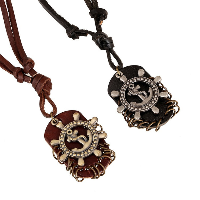 European American Punk Vintage Men's Genuine Leather Necklace With Alloy Ship Wheel Pendant