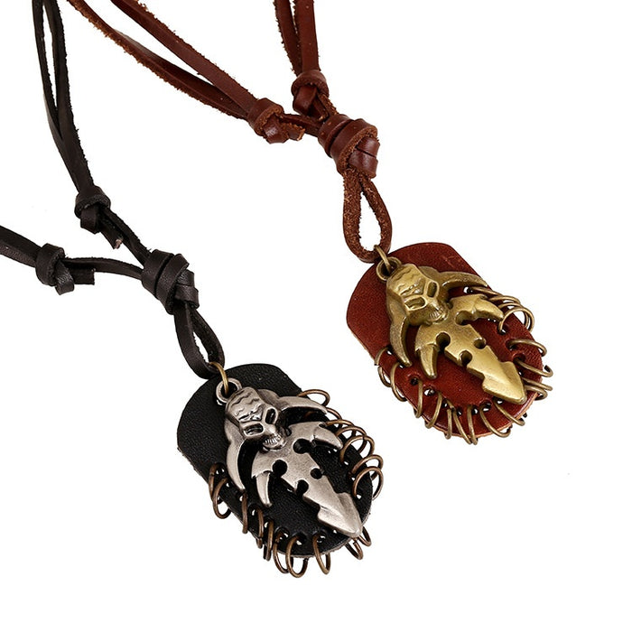 European American Punk Vintage Men's Genuine Leather Necklace With Alloy Skull Head Pendant