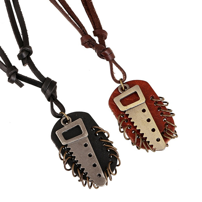European American Punk Vintage Men's Genuine Leather Necklace With Alloy Saw Pendant