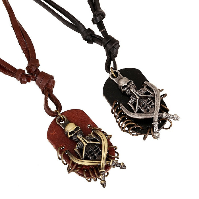 Vintage Rock Men Genuine Leather Necklace With Two Tone Alloy Skull Pendant, European Style Jewelry