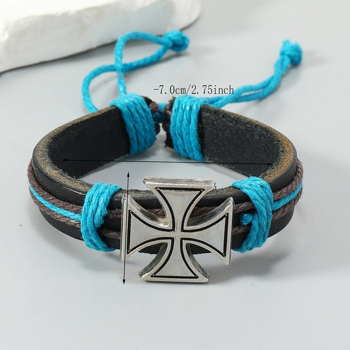 Hand Braided Cowhide Leather Bracelet With Alloy Cross Simple Vintage Mens Leather Wristband