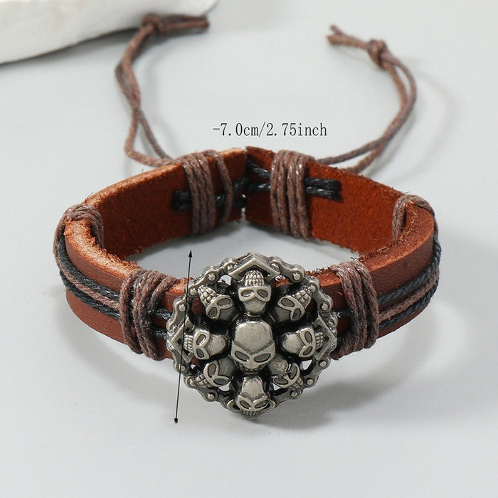 Handmade Multilayer Cowhide Leather Bracelet Vintage Alloy Skull Halloween Adjustable Wristband