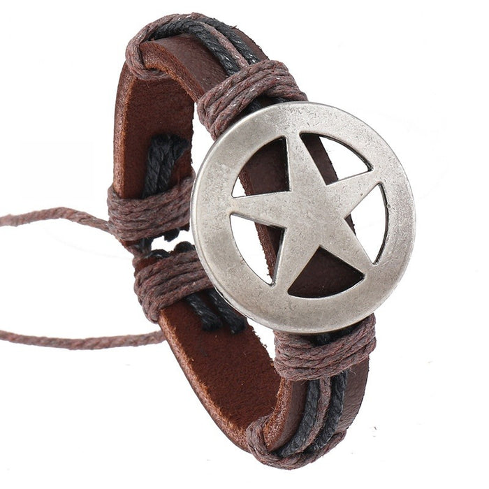 European American Simple Handmade Braided Vintage Leather Bracelet With Five Point Star Bangle