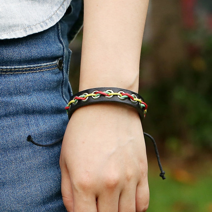 Red Green Yellow Braided Cowhide Leather Bracelet Punk Style Genuine Leather Student Wristband