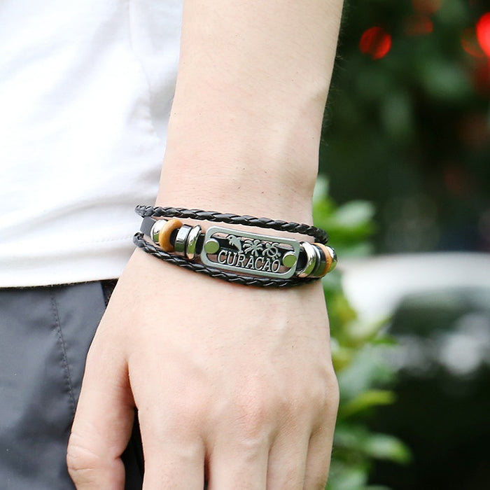 Cross Border Punk Beaded Toggle Cowhide Leather Bracelet, European American Export Jewelry