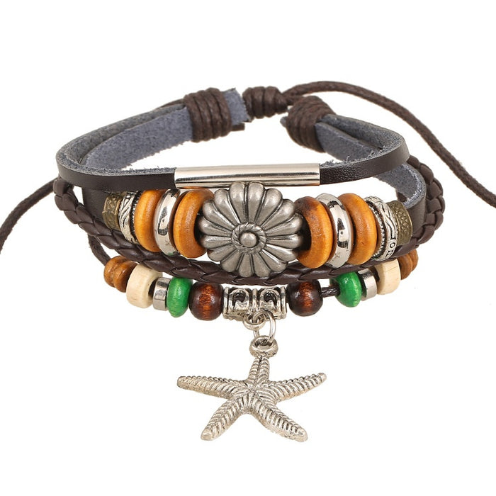 New Beaded Genuine Leather Bracelet With Alloy Starfish Pendant, Korean Style Women Jewelry