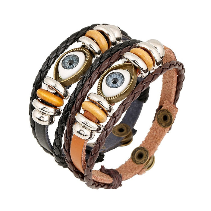 Vintage Braided Cowhide Bracelet With Blue Eye Adjustable Beaded Leather Wristband