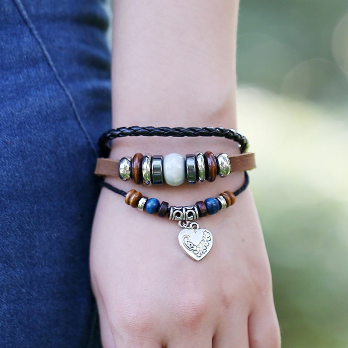 New Beaded Genuine Cowhide Leather Bracelet With Alloy Heart Charm Korean Style Jewelry