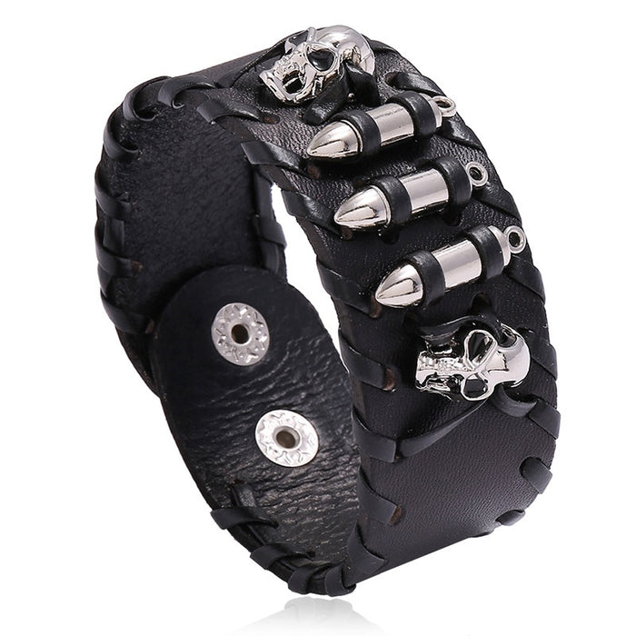 Punk Cowhide Leather Skull Bracelet Men's Biker Fashion Genuine Leather Accessory