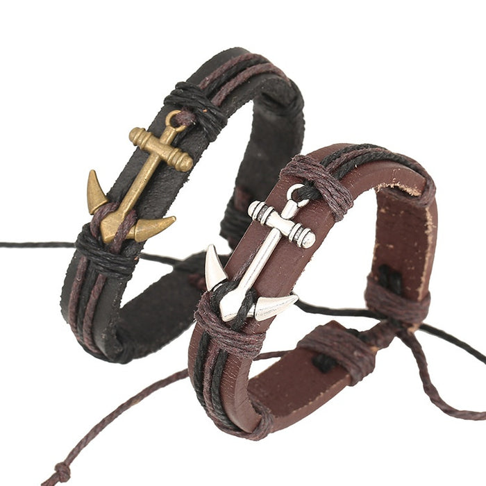 Vintage Multi Layer Braided Cowhide Leather Anchor Bracelet For Couple Jewelry