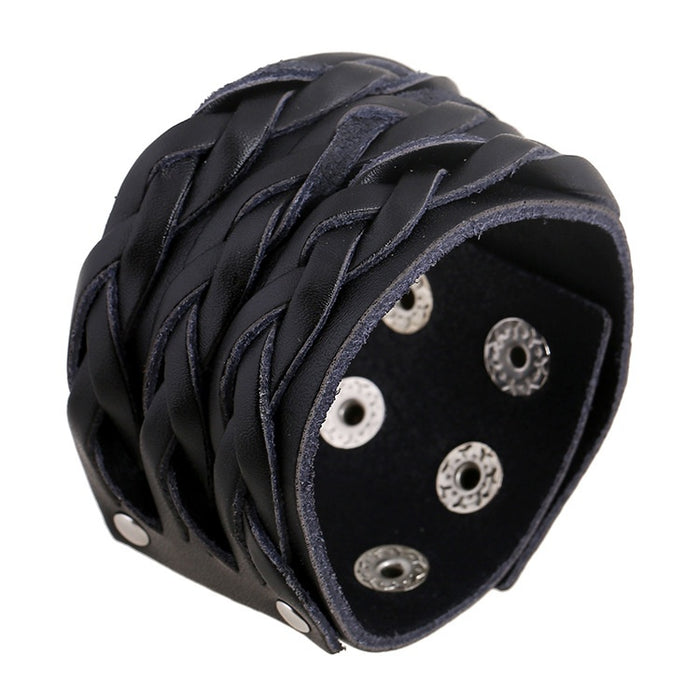 European American Punk Wide Cowhide Leather Bracelet Braided Vintage Genuine Leather Wristband