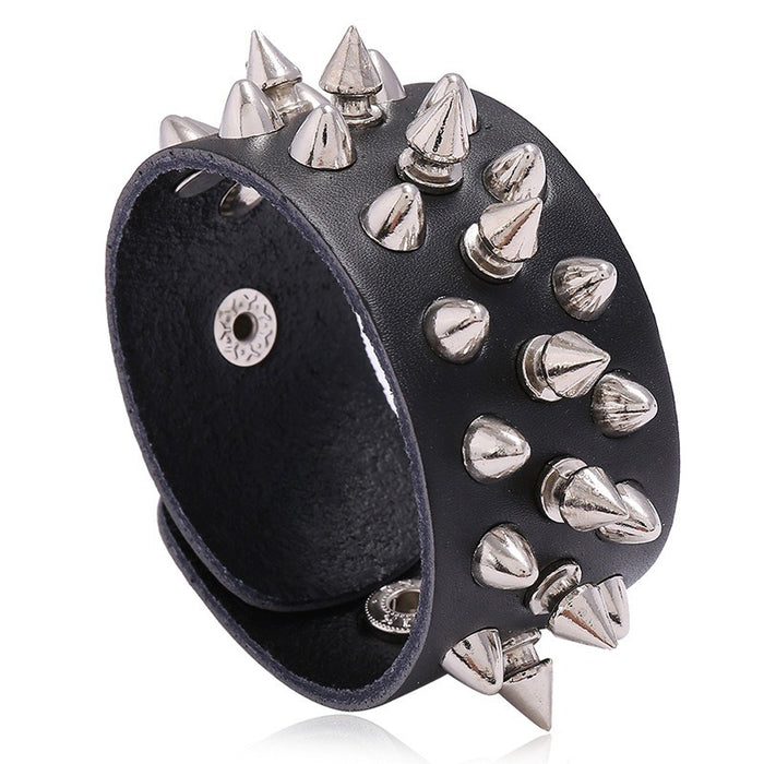 European American Punk Wide Cowhide Leather Bracelet With Three Rows Studs For Men Nightclub Jewelry