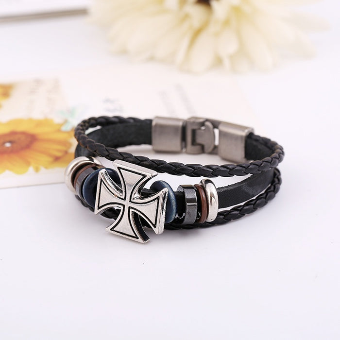 Japanese Korean Punk Cross Genuine Leather Beaded Bracelet For Men Women Students