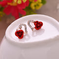 Elegant Alloy Rhinestone Heart Studs With Red Enamel Rose Flower Charm For Women Fashion Earrings view 1
