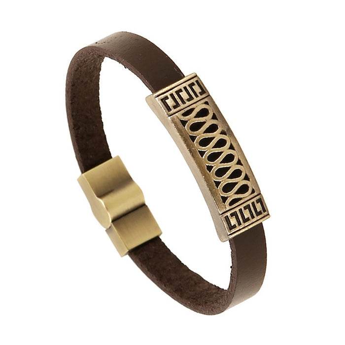 Antique Bronze Alloy Cowhide Leather Men's Bracelet, Vintage Metal Cuff Bangle