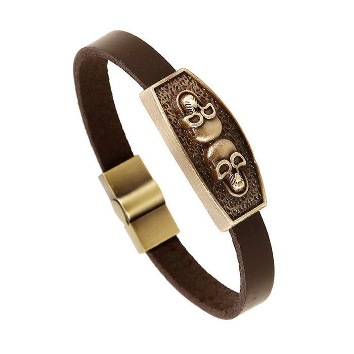 Punk Skull Alloy Metal Genuine Cowhide Leather Men's Bracelet, Vintage Cuff Bangle