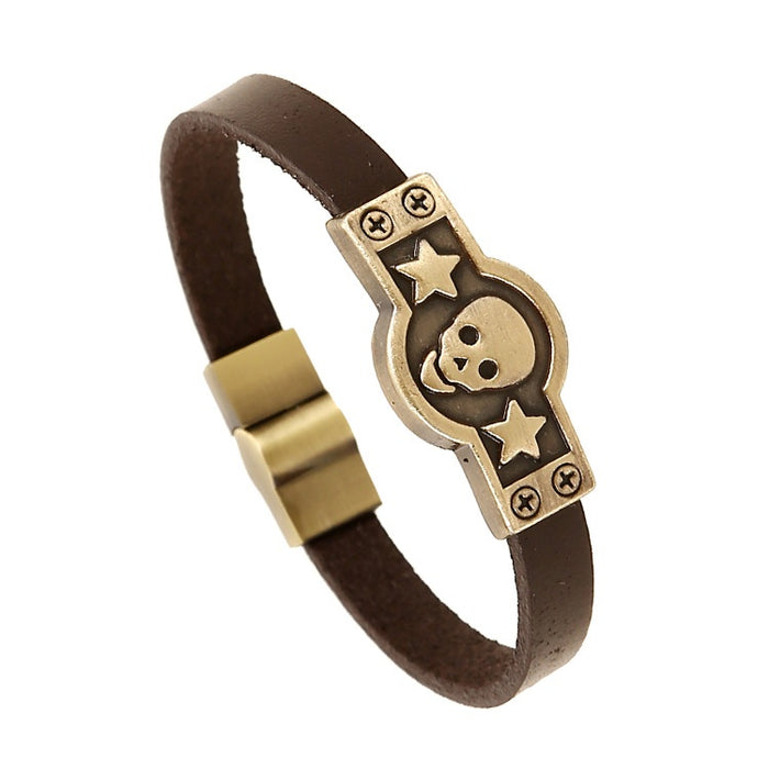 Antique Bronze Alloy Metal Cuff Bracelet Genuine Leather Men's Vintage Bracelet Jewelry Open Bangle