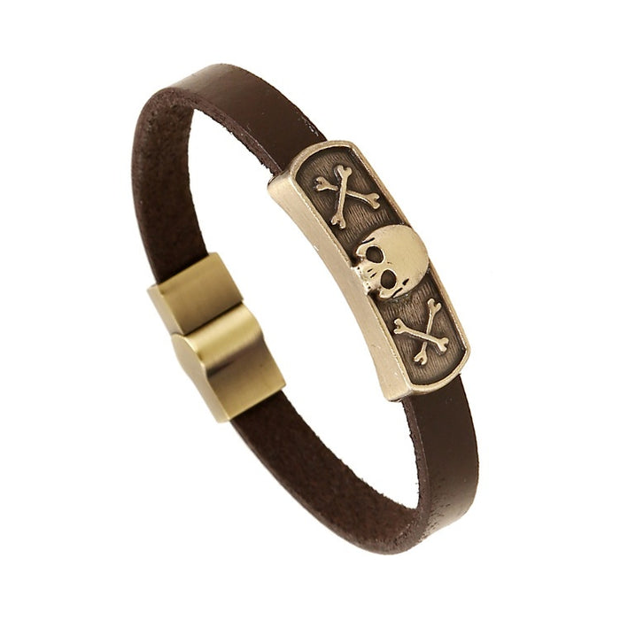 Antique Bronze Metal Cuff Bracelet Genuine Leather Alloy Men's Bracelet Vintage Student Jewelry Open Bangle