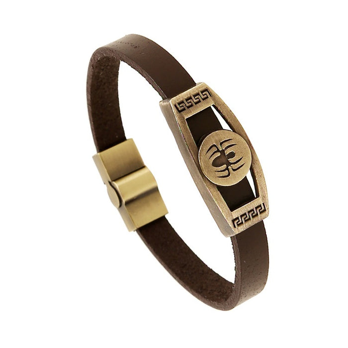 Punk Spider Pattern Vintage Metal Cuff Bracelet With Genuine Leather European American Jewelry Open Bangle
