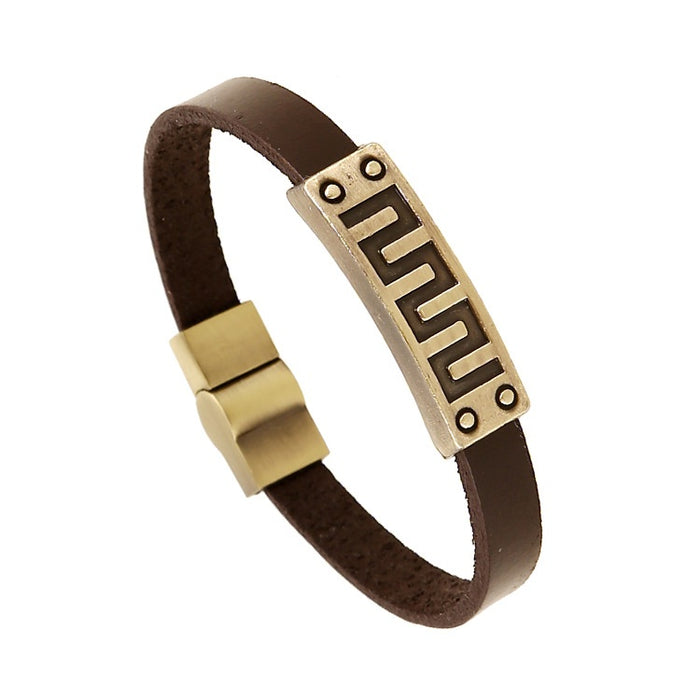 Geometric Line Alloy Cuff Bracelet With Genuine Leather Vintage Korean Japanese Style Jewelry Open Bangle