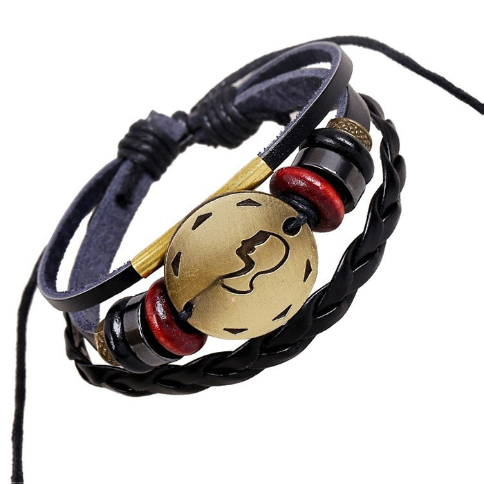 Gemini Zodiac Genuine Leather Beaded Woven Bracelet, Punk Cowhide Jewelry For Men