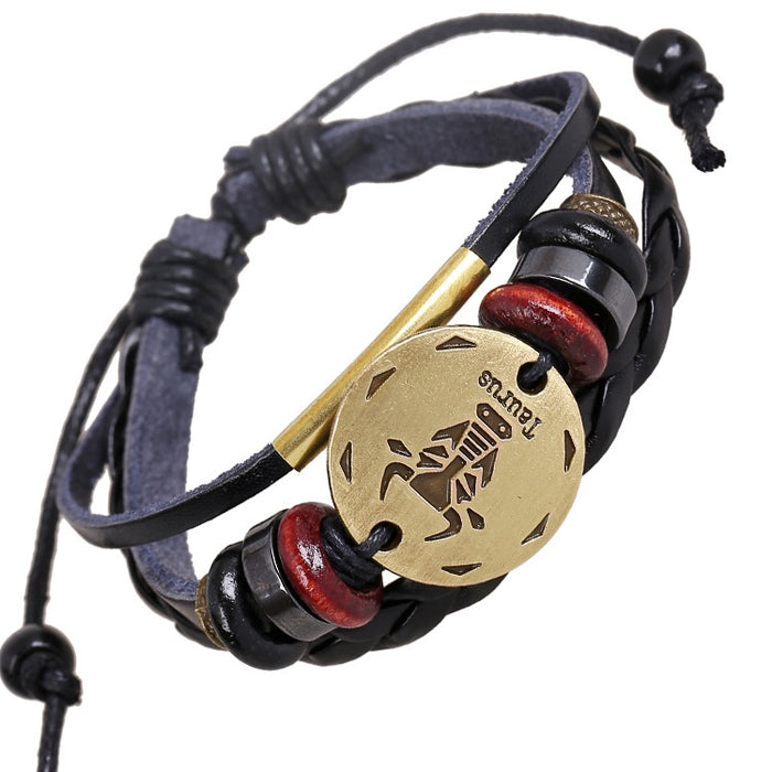 Antique Bronze Alloy Taurus Zodiac Genuine Leather Beaded Punk Cowhide Bracelet