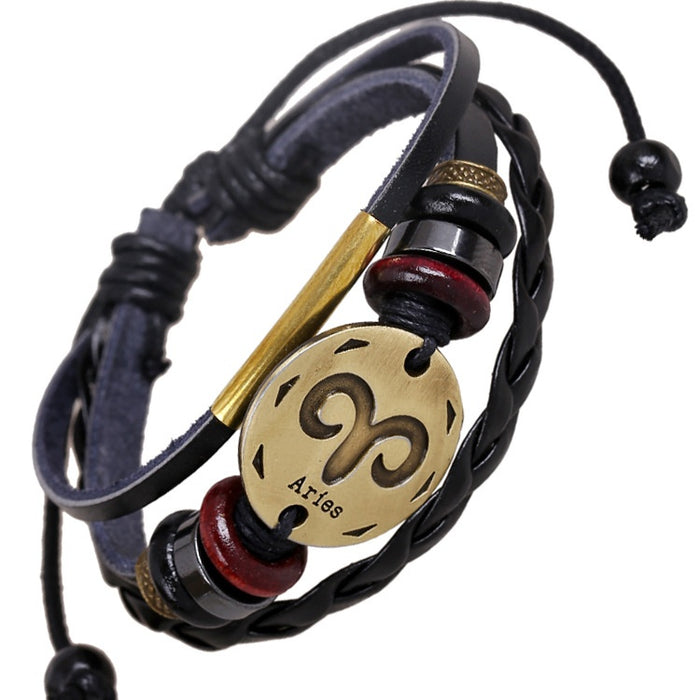 Punk Antique Bronze Alloy Aries Zodiac Genuine Leather Beaded Cowhide Bracelet
