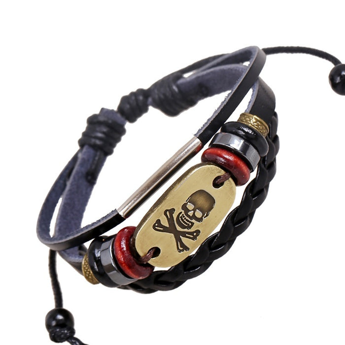 Punk Antique Bronze Alloy Skull Genuine Leather Beaded Cowhide Bracelet