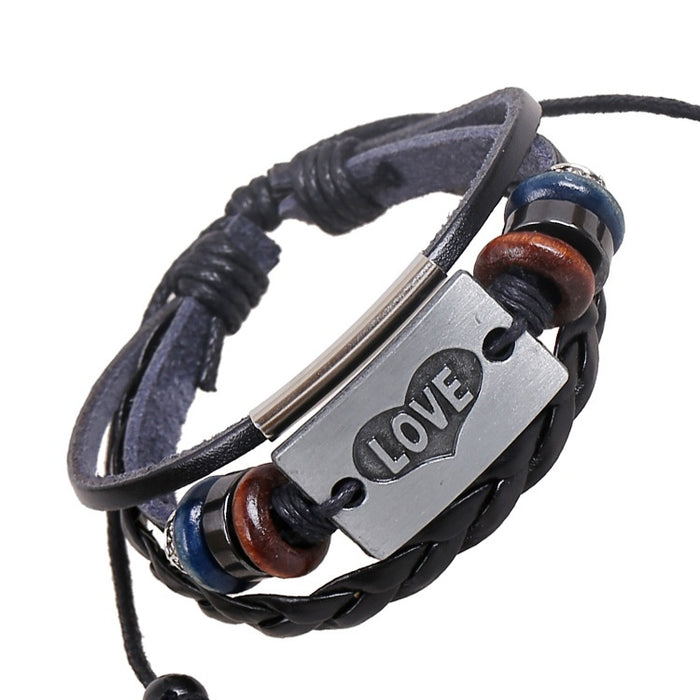 Punk Vintage Silver Alloy LOVE Genuine Leather Beaded Bracelet For Men And Women