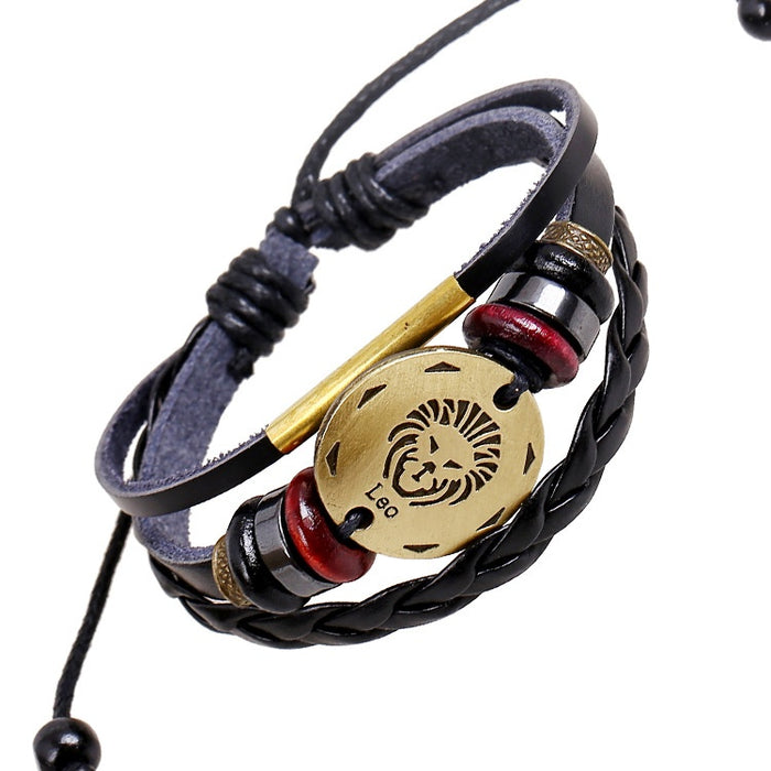 Handmade Woven Beaded Leo Zodiac Genuine Leather Punk Cowhide Bracelet