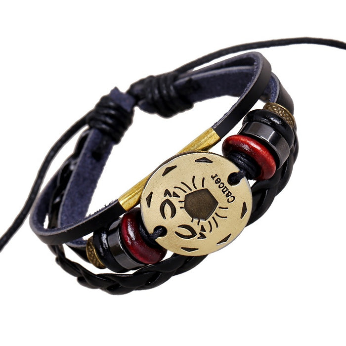 Punk Antique Bronze Alloy Genuine Leather Beaded Cancer Zodiac Cowhide Bracelet