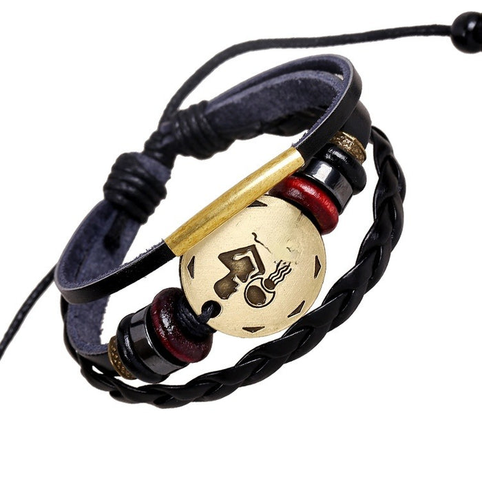 Handmade Woven Beaded Aquarius Zodiac Genuine Leather Punk Cowhide Bracelet