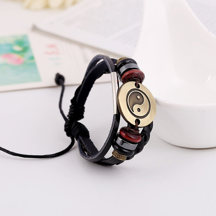 Punk Antique Bronze Alloy Genuine Leather Beaded Bagua Tai Chi Yin Yang Cowhide Bracelet