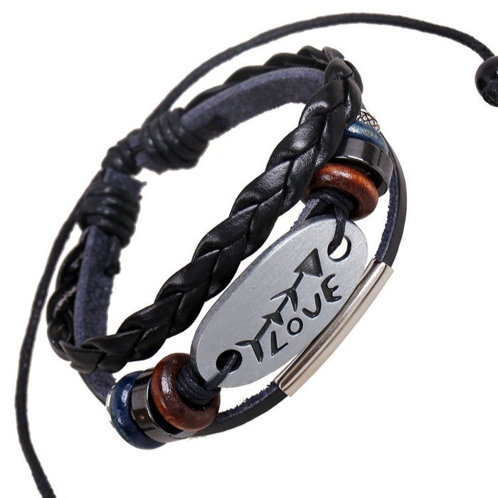 Punk Antique Silver Alloy Cowhide Beaded LOVE Charm Leather Bracelet For