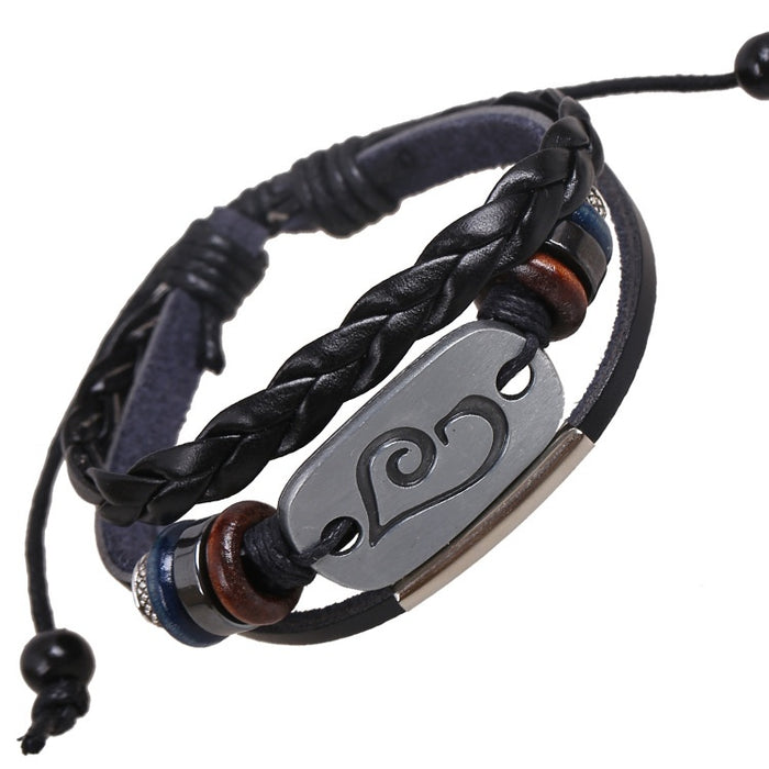 Punk Antique Silver Alloy Genuine Leather Beaded Cowhide Bracelet For