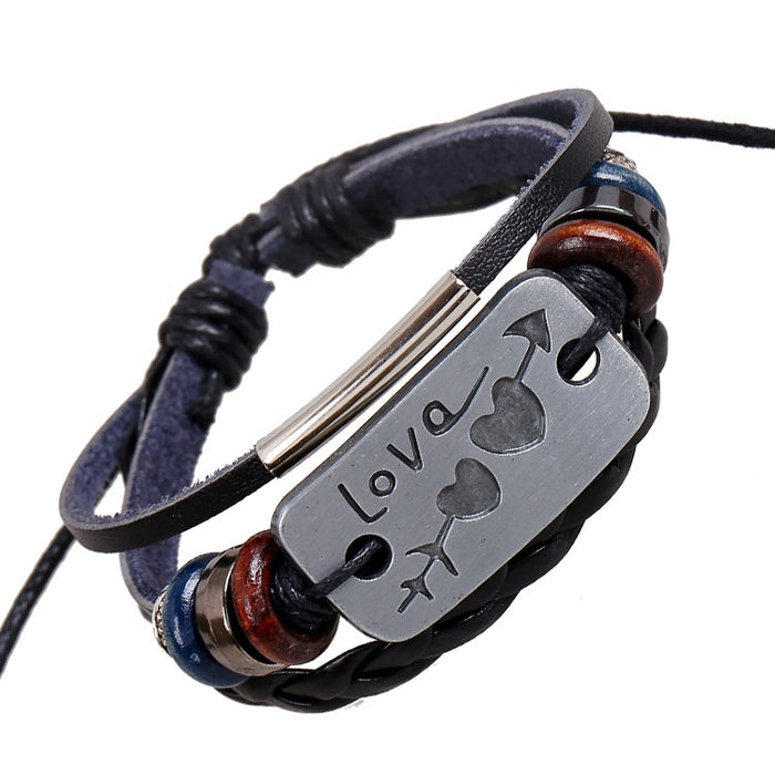 Punk Antique Silver Alloy Genuine Leather Beaded Bracelet, Arrow Through Heart Wristband