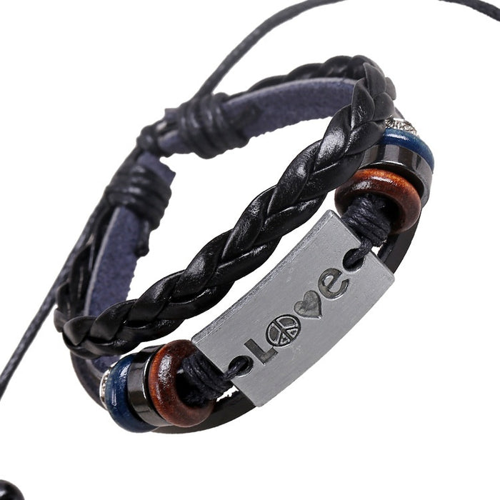 Punk Antique Silver Alloy LOVE Genuine Leather Beaded Bracelet, European Cowhide Wristband