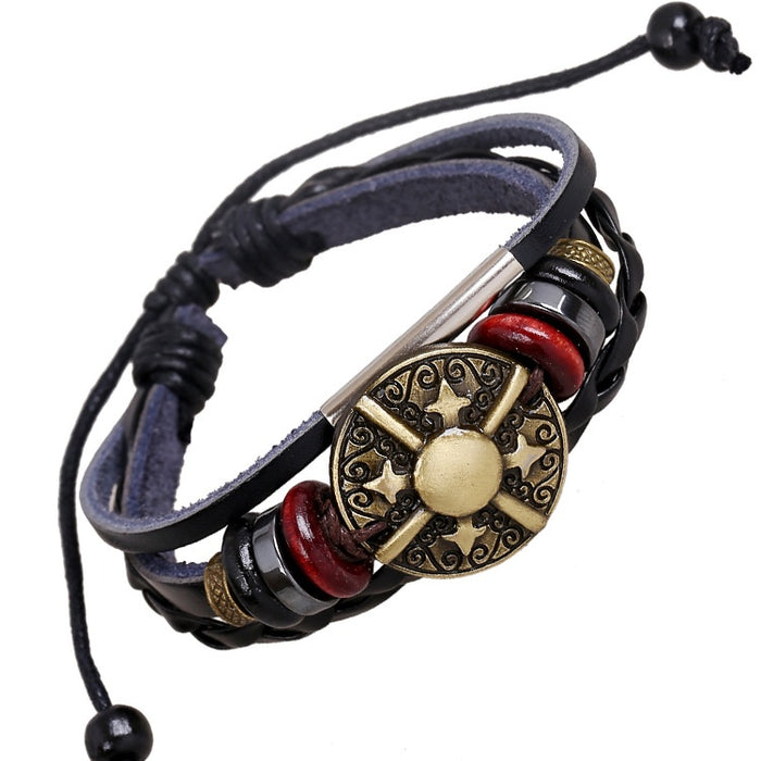 Punk Antique Bronze Alloy Genuine Leather Beaded Bracelet, Cross Border Wristband