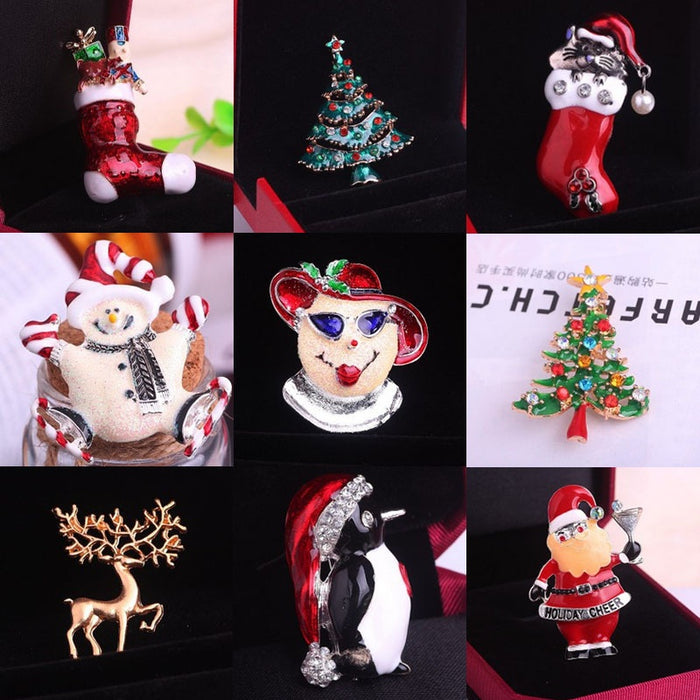 Christmas Tree Brooch Pin With Cute Penguin And Santa Design, Holiday Corsage For