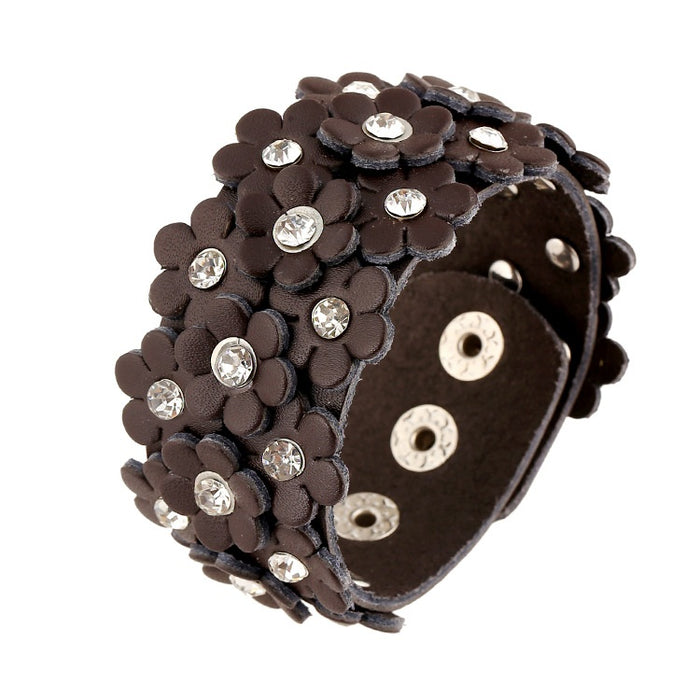 European American Trendy Flower Leather Bracelet With Rhinestones For Women Street Dance Jewelry
