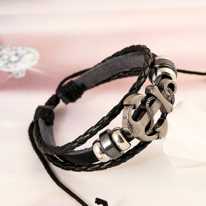 Punk Beaded Genuine Leather Bracelet With Anchor Charm Simple Braided Leather Jewelry For Men