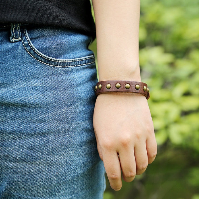 Korean Style Unisex Punk Cowhide Genuine Leather Bracelet With Personalized Studded Rivets