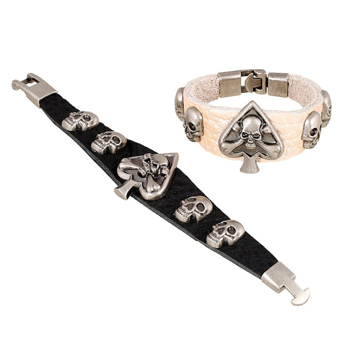 Vintage Cowhide Genuine Leather Buckle Bracelet With Skull Punk Design For