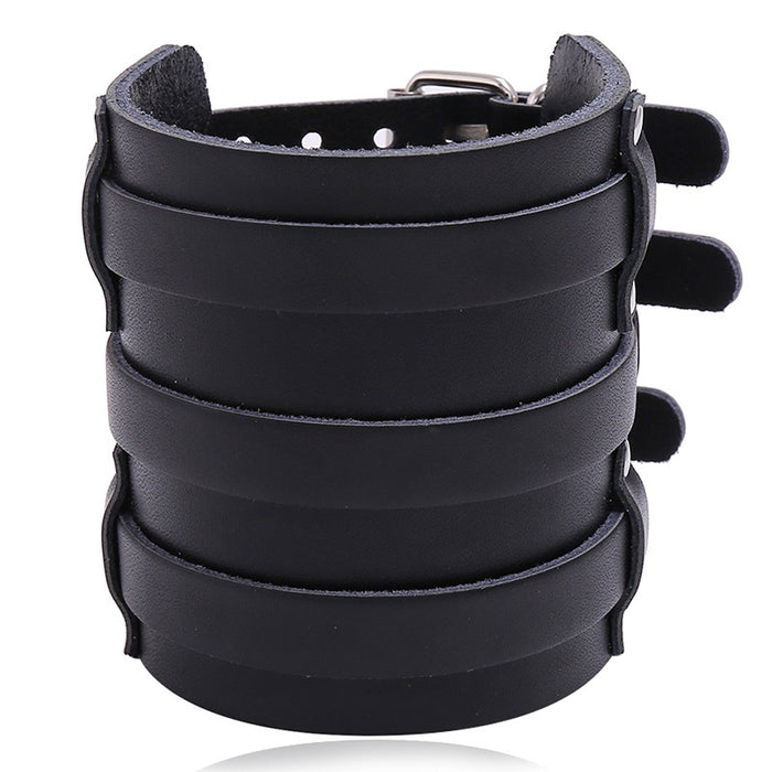 Punk Genuine Leather Wide Bracelet Multi Layer Biker Bicycle Style Statement Wristband