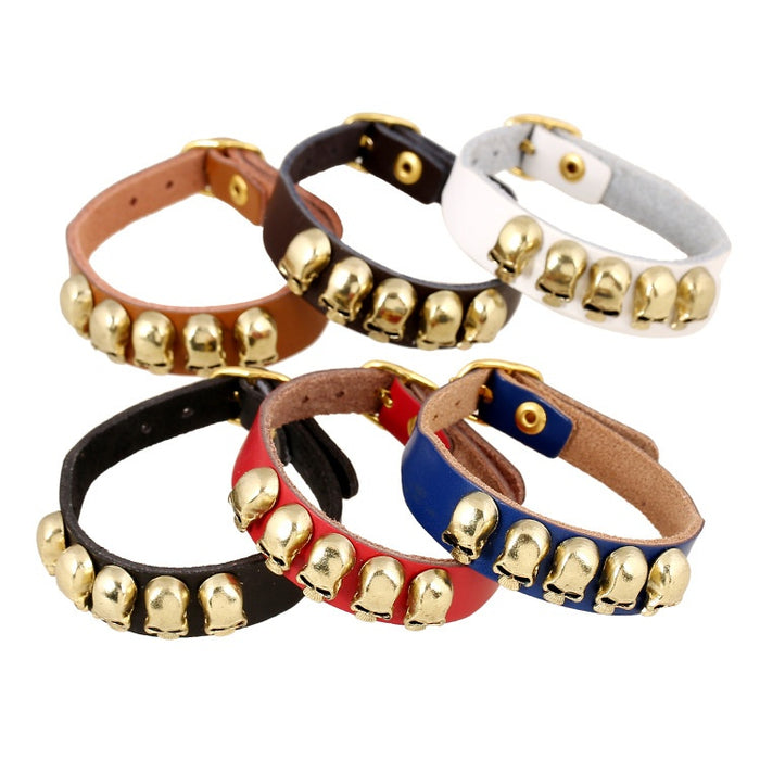 Punk Genuine Cowhide Leather Bracelet With Skull Head Charm, European American Jewelry